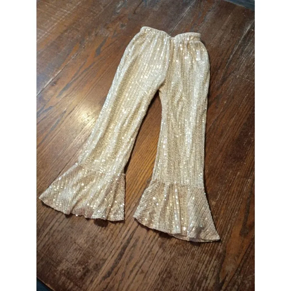 Girls Size 8 Grace Karin Gold Sequin Pants Bell Bottoms Dance Wedding Party